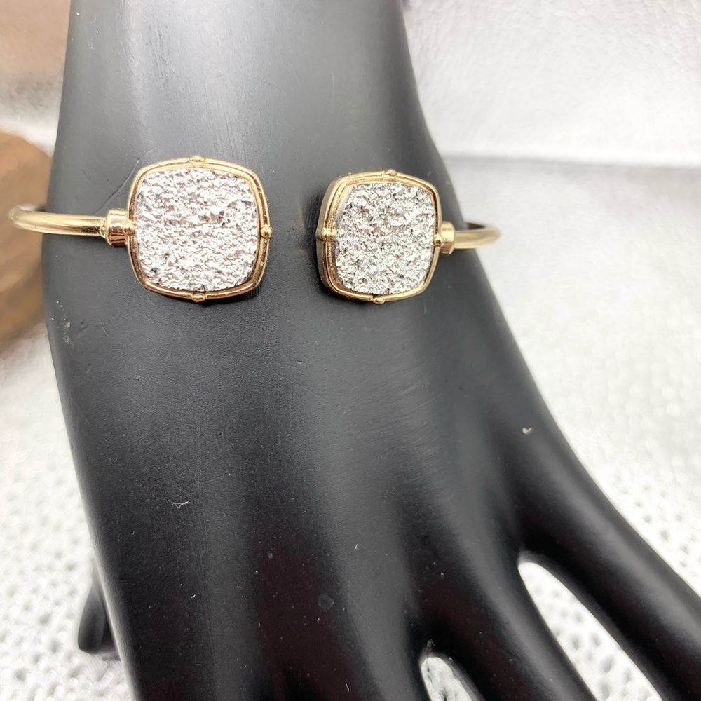 Gold and Silver Open-Ended Bangle with Square Embellishments